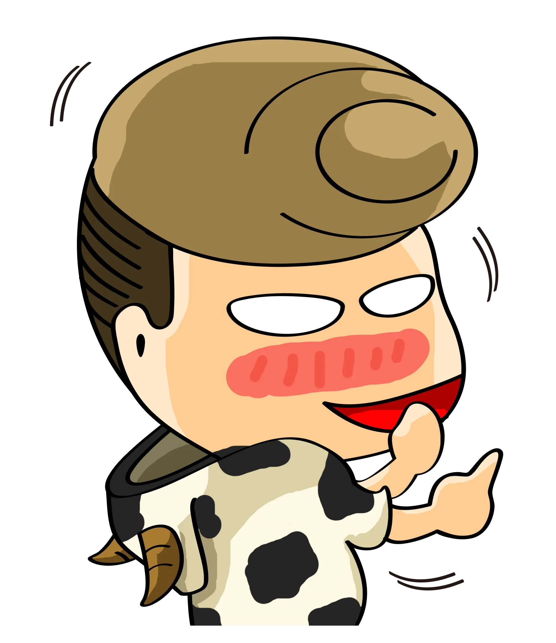 阿富穿着奶牛连体装，脸红得不行还在傻笑 — FYTBET吉祥物微信贴图