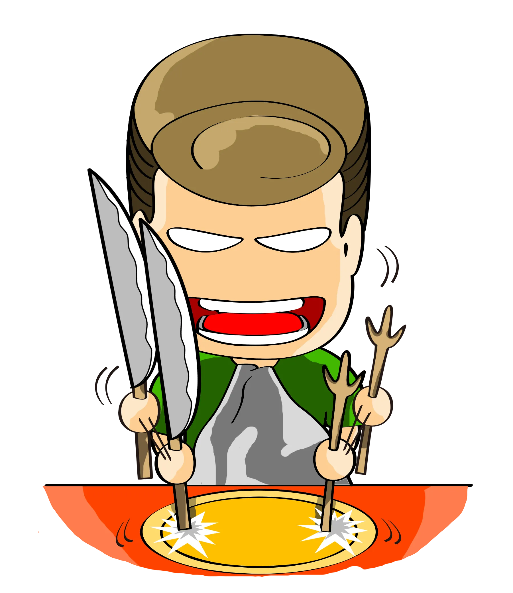 阿富系着绿围裙举起刀叉猛敲盘子，肚子饿了 — FYTBET品牌微信贴图