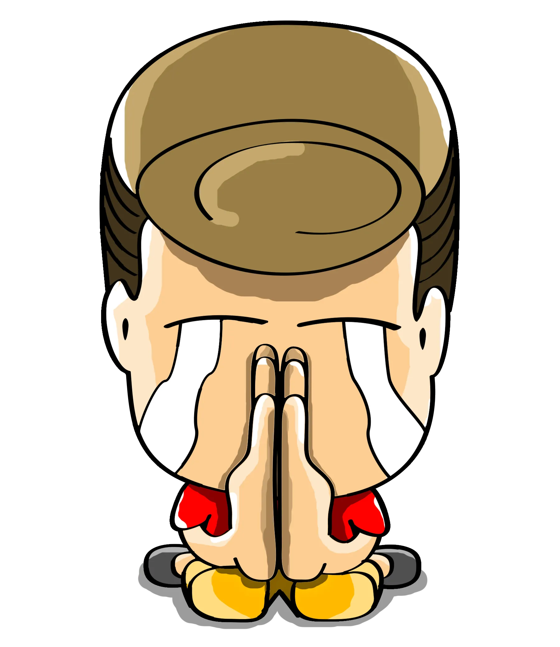 阿富跪在地上双手合十深深鞠躬，诚心道歉 — 富易堂品牌表情包