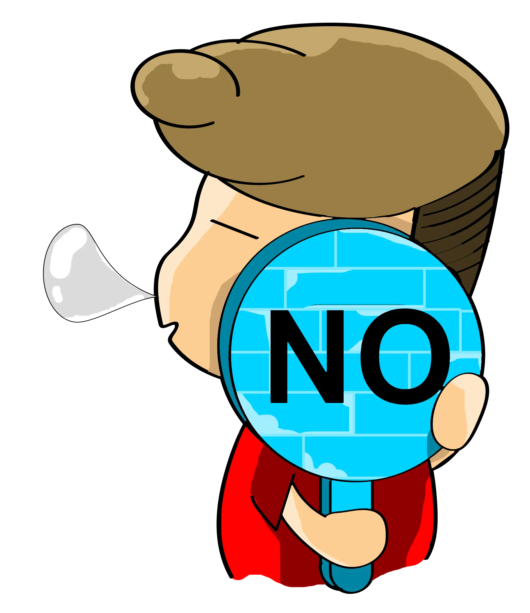 阿富侧身举着蓝色NO牌，鼻子还吹着泡泡 — FYTBET吉祥物微信贴图