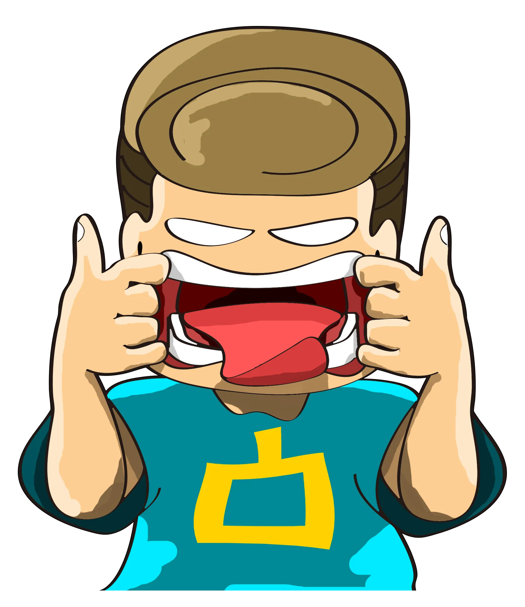 阿富穿凸字T恤双手竖起大拇指，放声大笑 — 富易堂吉祥物表情包