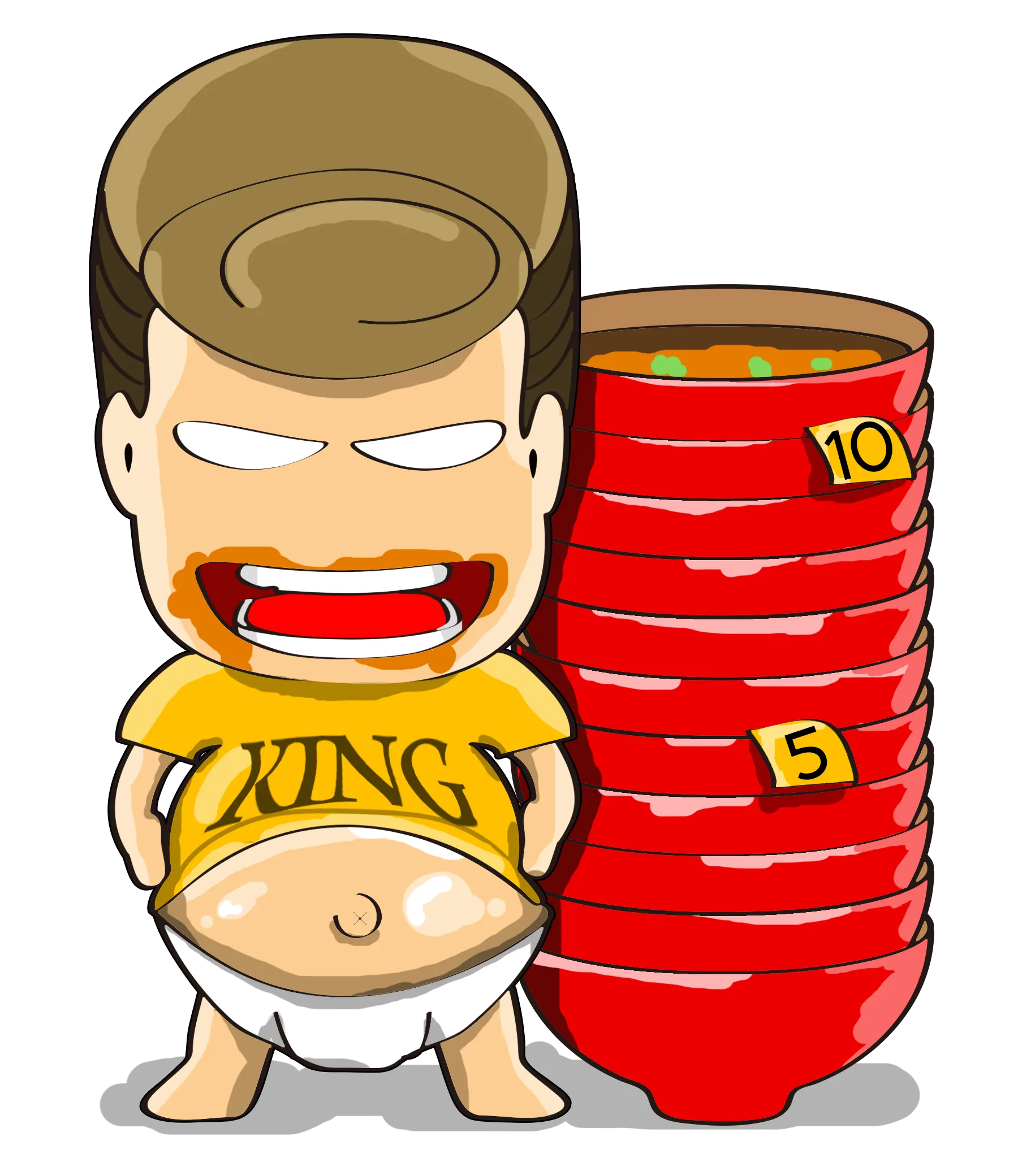 阿富穿着撑爆的KING衣服露出肚皮，旁边叠着十个红碗 — FYTBET吉祥物微信贴图