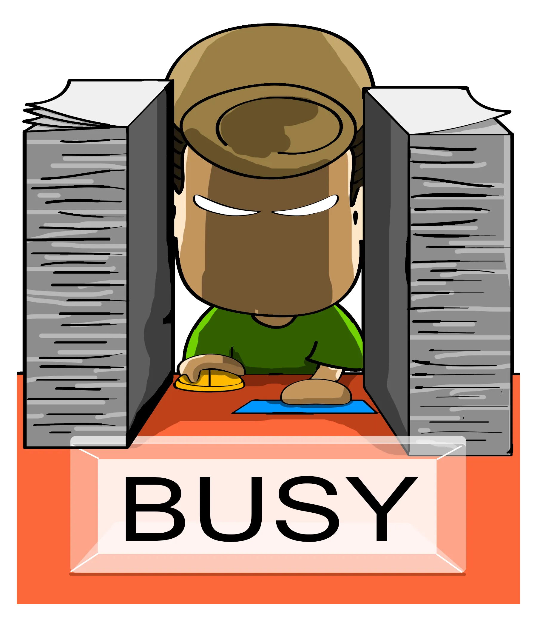 阿富被两叠厚厚的文件夹住，趴在桌上点着鼠标「BUSY」 — 富易堂原创表情包
