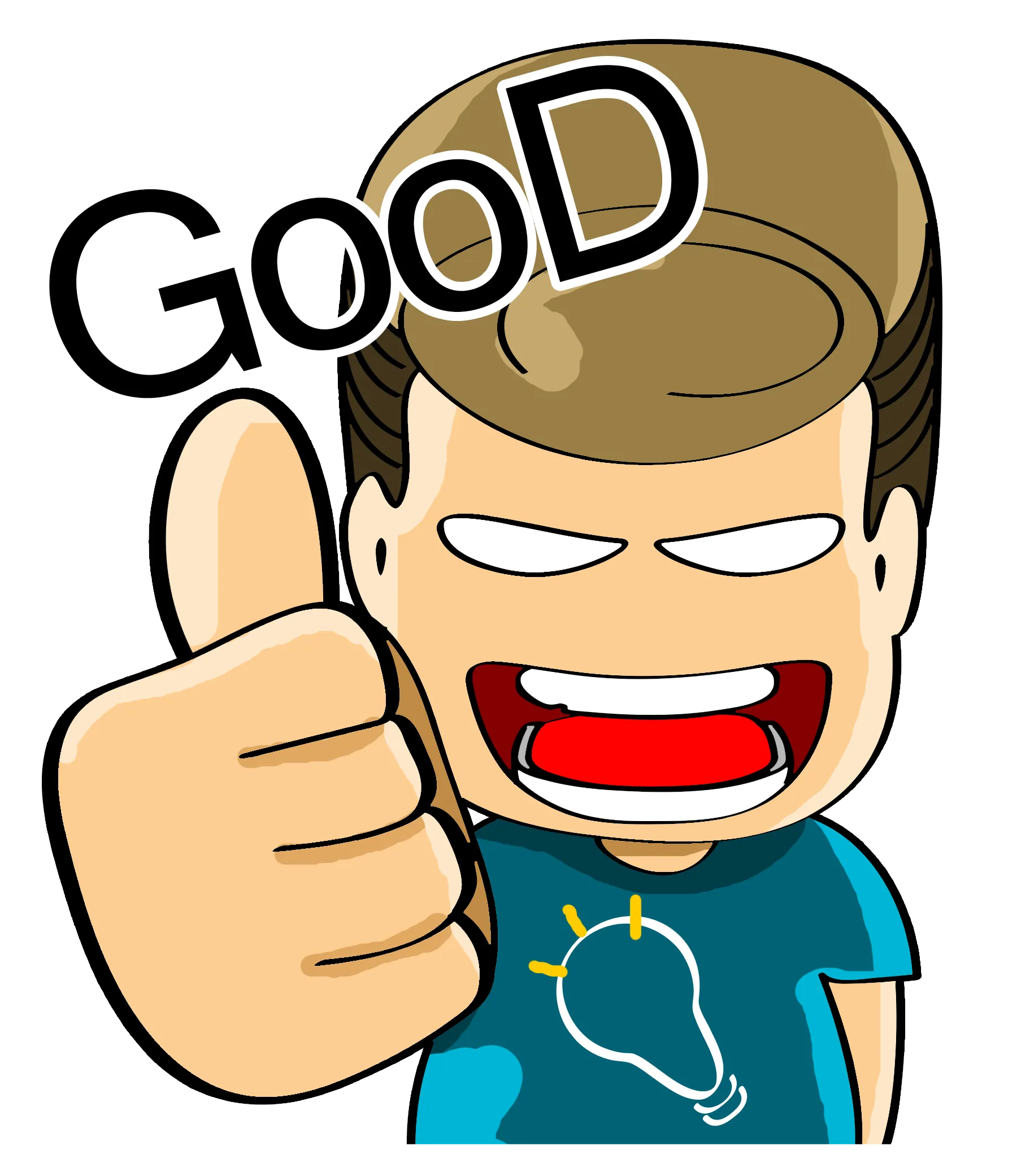 阿富穿灯泡T恤竖起大拇指哈哈大笑「GOOD」 — 富易堂原创表情包