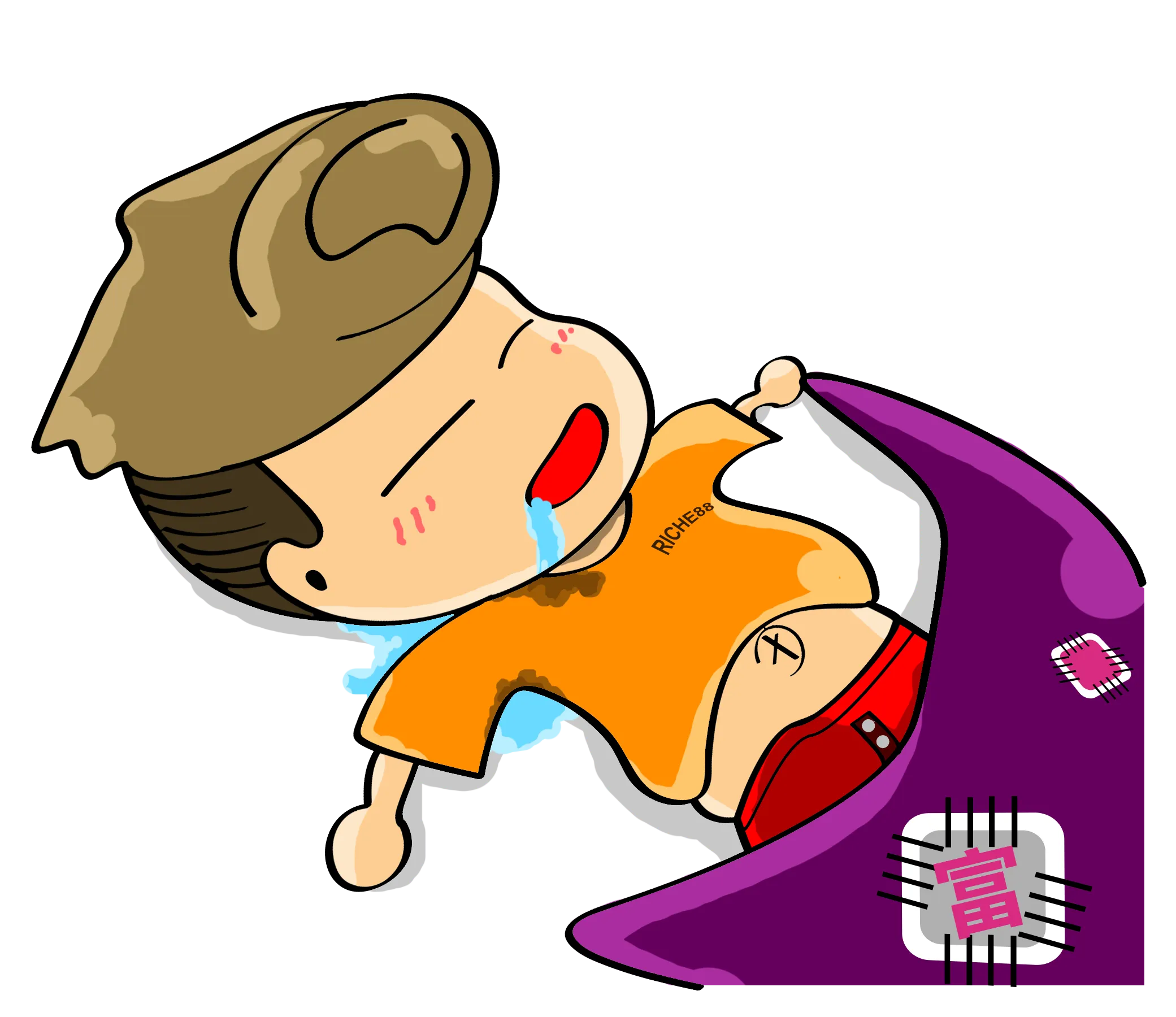 阿富侧躺盖着紫色富字毛毯，流着口水睡着了 — 富易堂品牌表情包