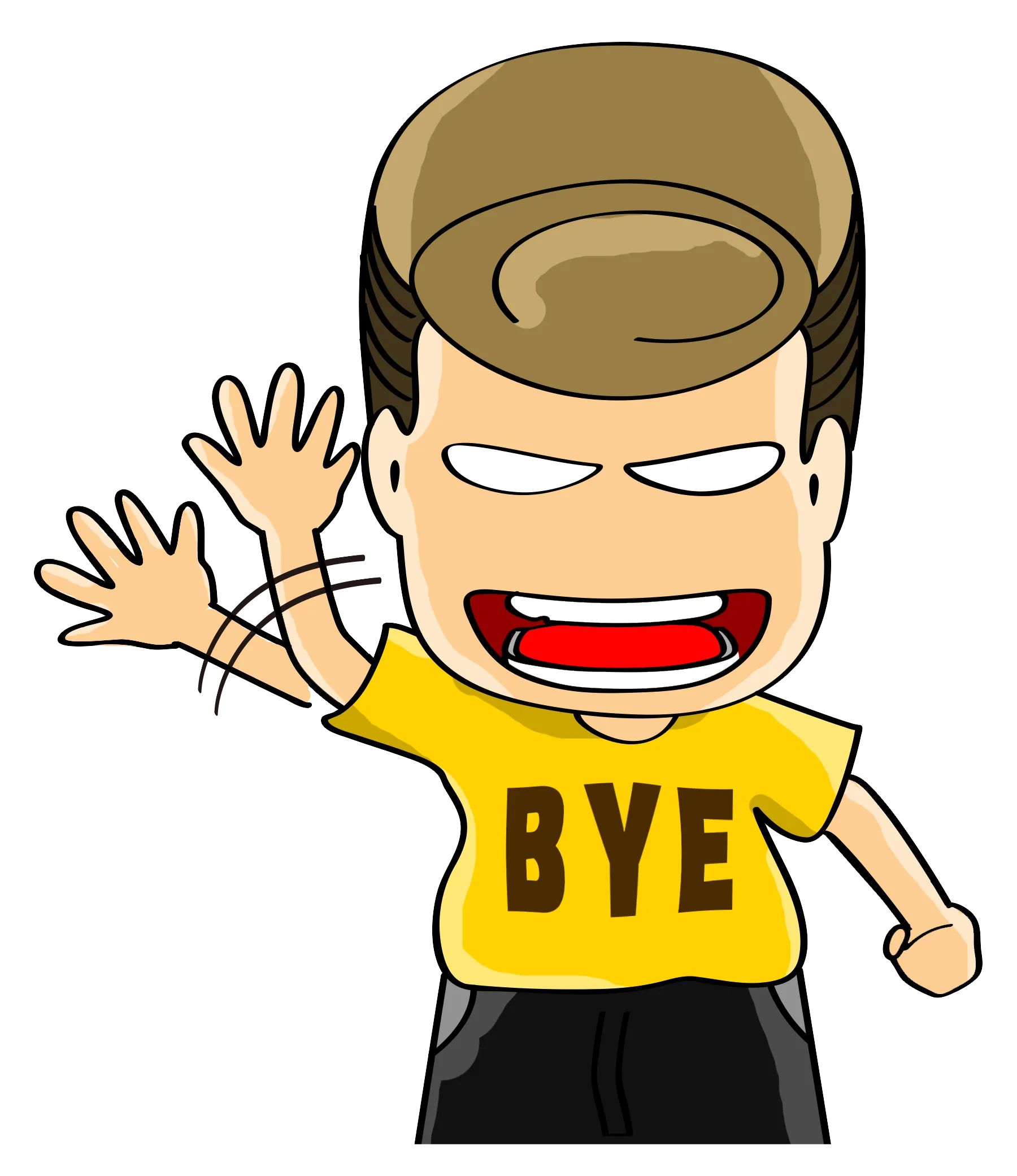 阿富穿黄色BYE衣服热情挥手，张嘴大笑说再见 — 富易堂品牌表情包