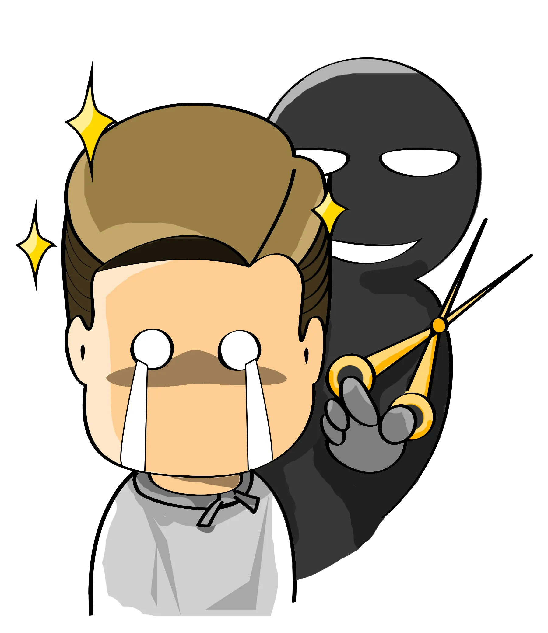 阿富刚做好发型闪闪发光，背后黑影悄悄举起剪刀 — 富易堂吉祥物表情包